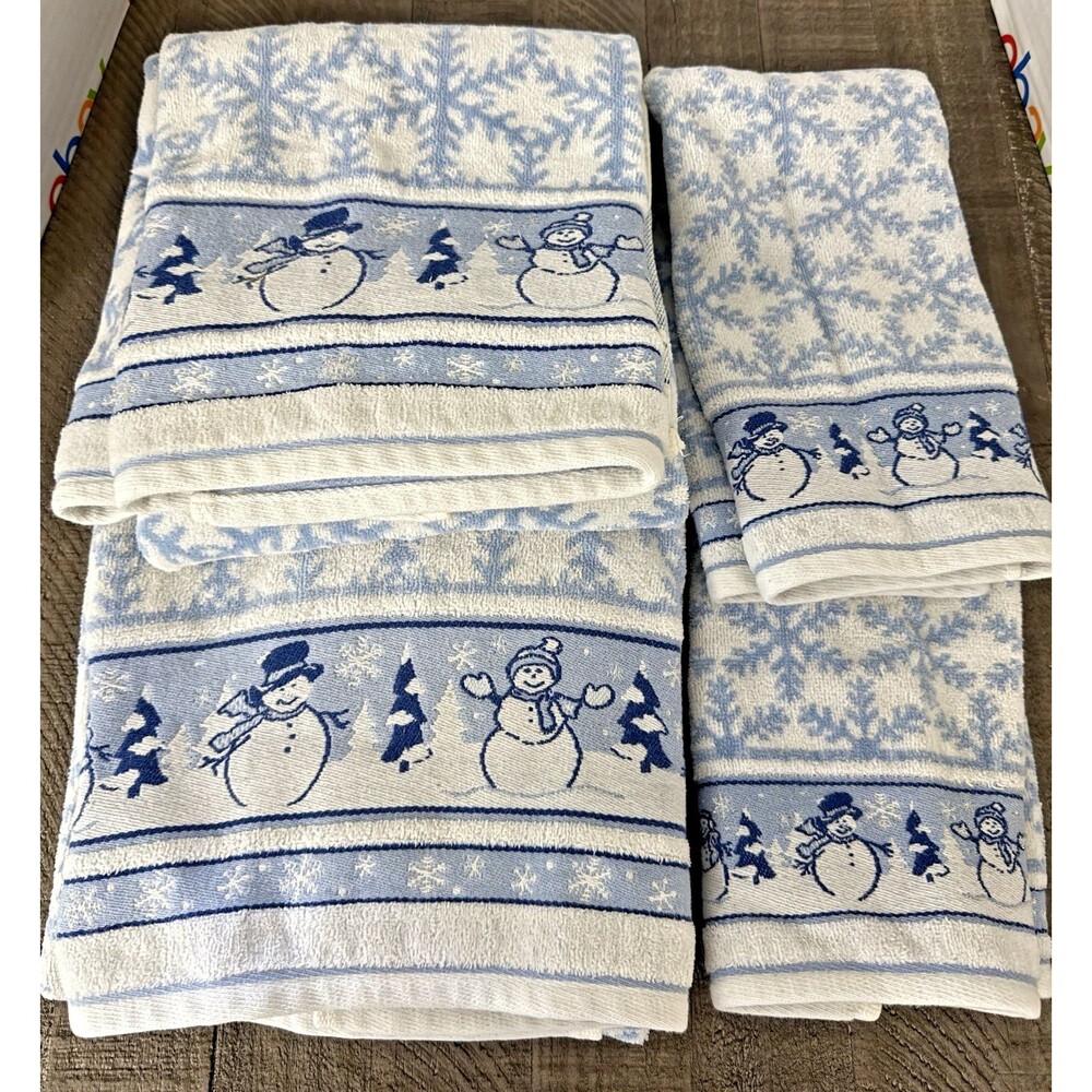 Vintage Blue/White/Silver Snowman Cotton Towel Set 4 Pieces Snow Winter GUC